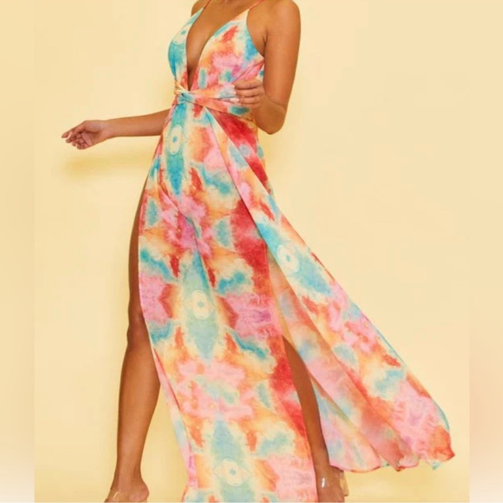 Luxxel Multicolor Tie-Dye Maxi Dress in Turquoise, Coral, Pink